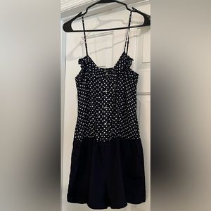 Express navy blue and white polka dots and hearts romper